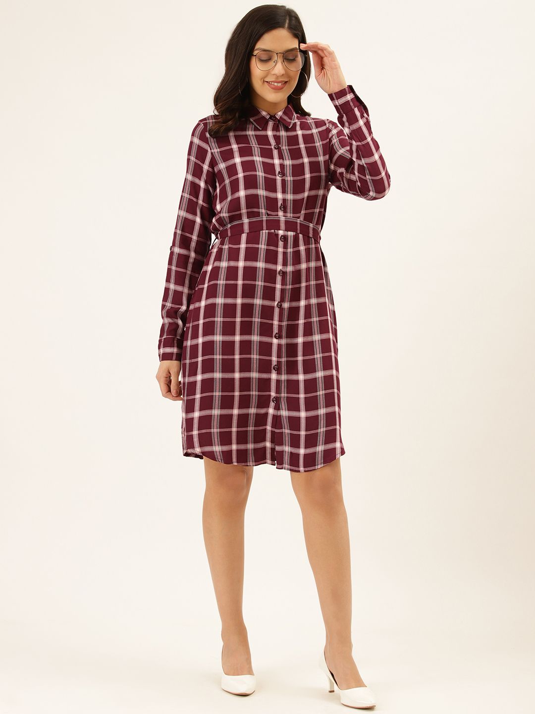 Style Quotient Women Burgundy & Off-White Checked Shirt Dress Price in India