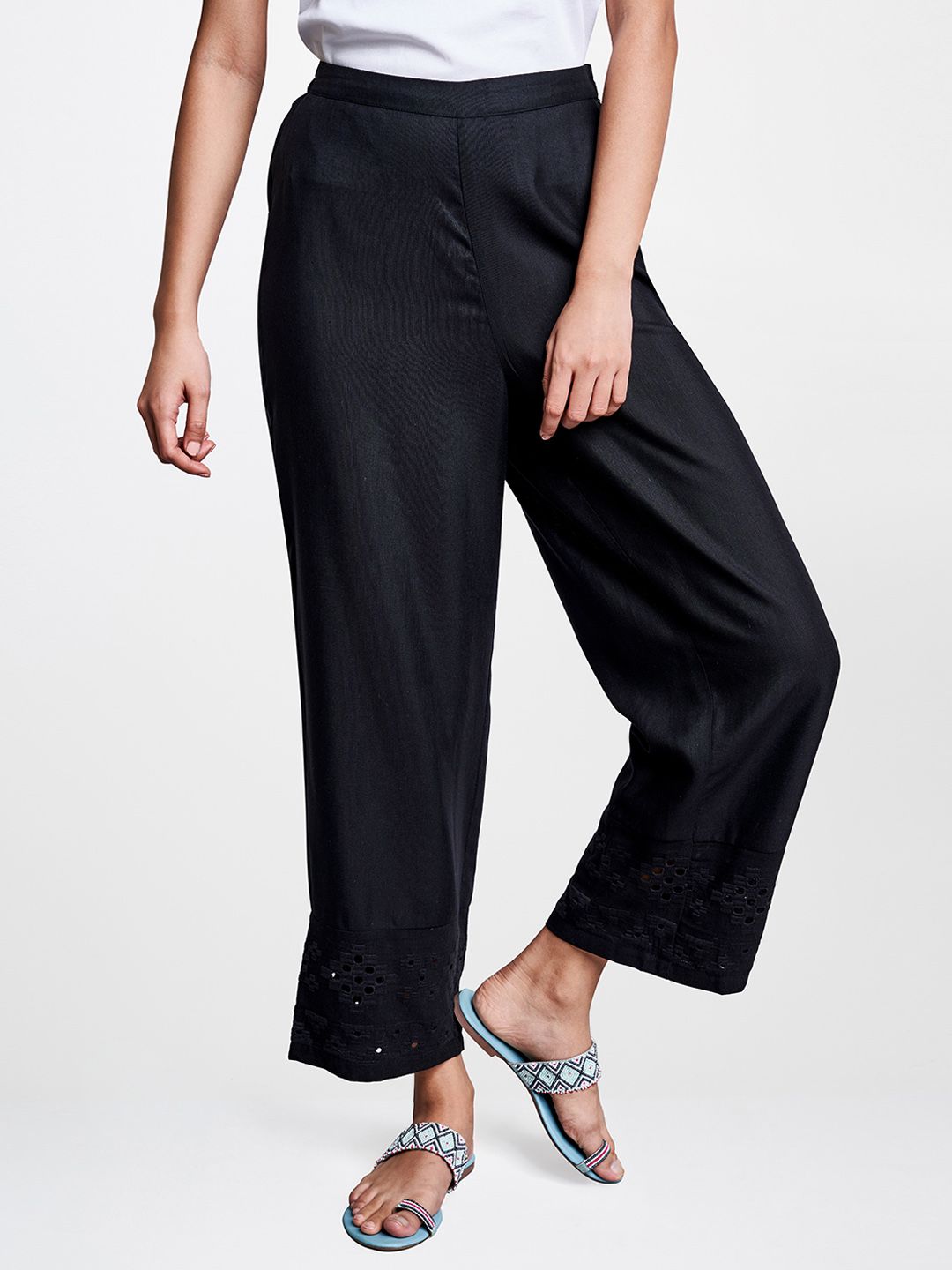 Global Desi Women Black Regular Fit Solid Parallel Trousers Price in India