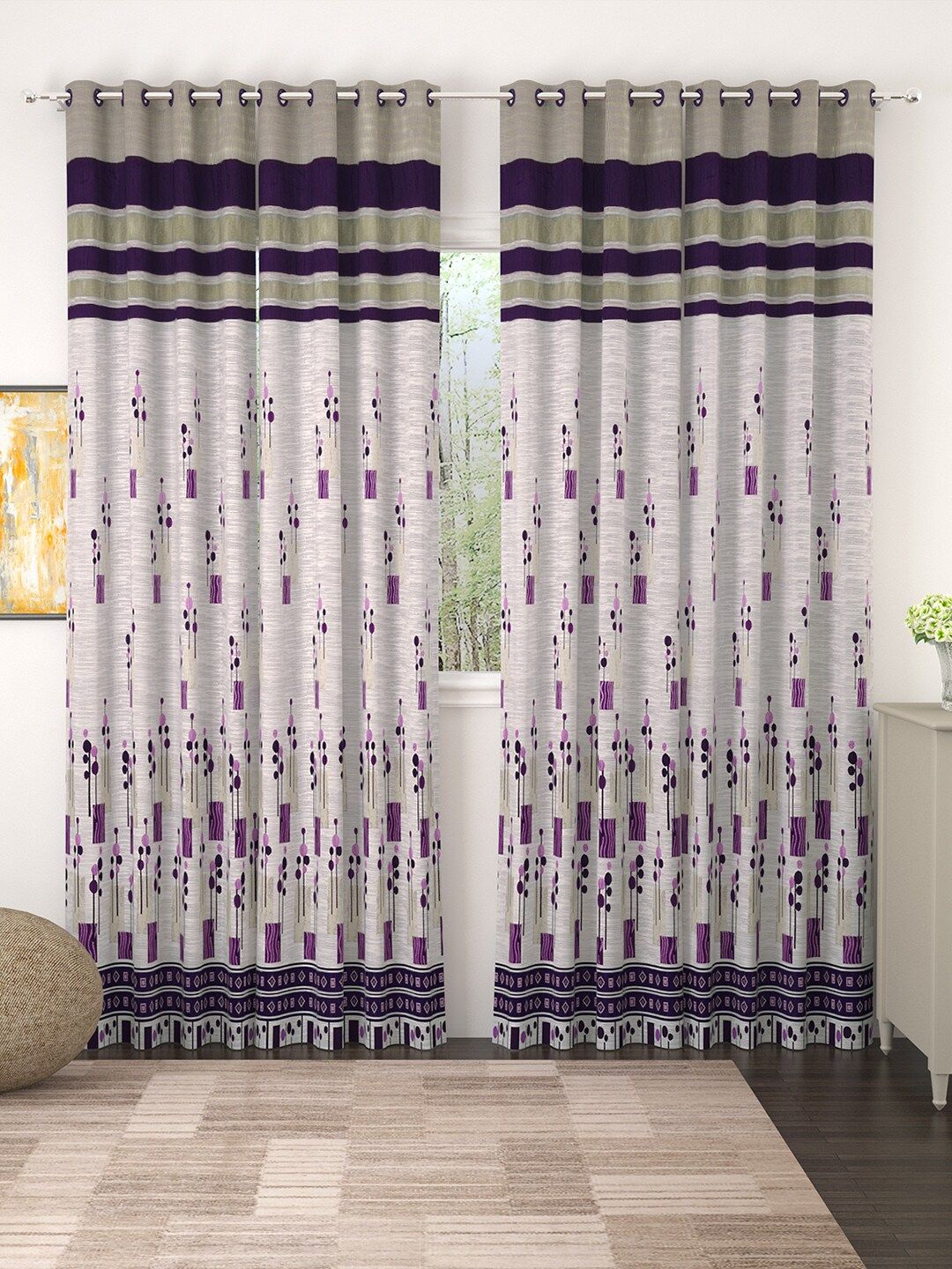 Story@home Off-White & Purple Set of 4  Premium Jacquard 350GSM Room Darkening Eyelet Long Door Curtains Price in India