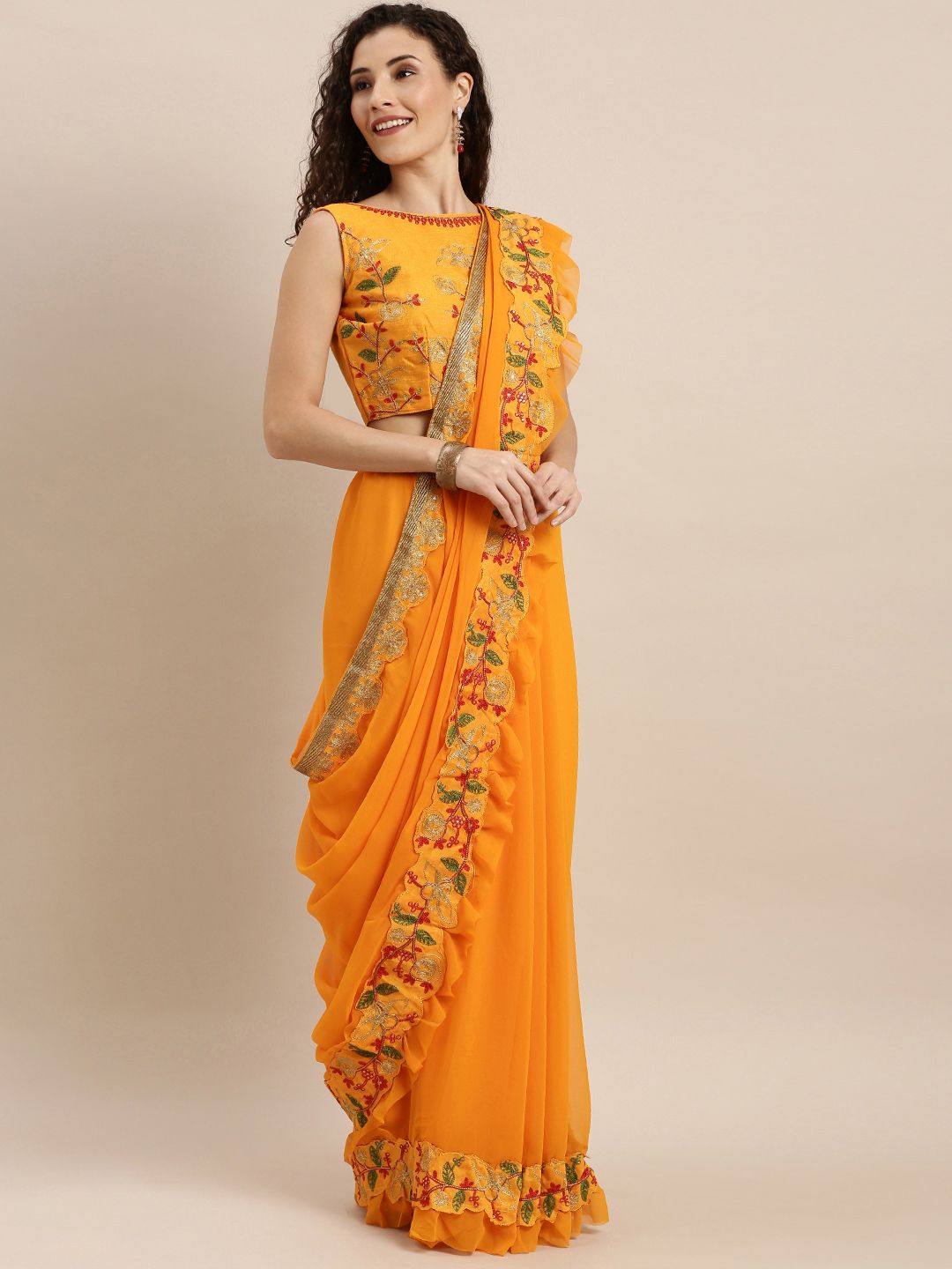 SHAVYA Orange Solid Silk Blend Celebrity Saree with Embroidered Detail