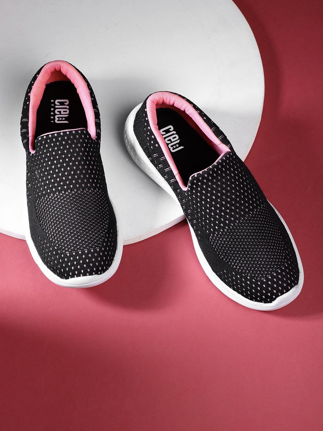 Crew STREET Women Black & Pink Woven Design Walking Shoes Price in India