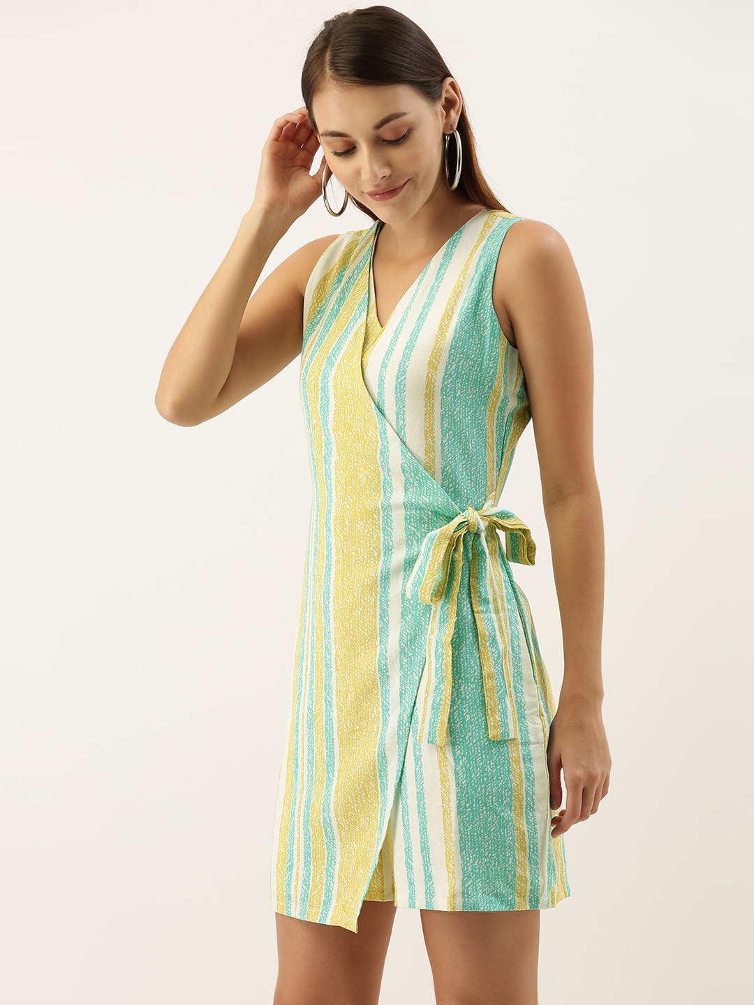 AND Women Off-White & Green Striped Playsuit With Waist Tie-Ups Price in India
