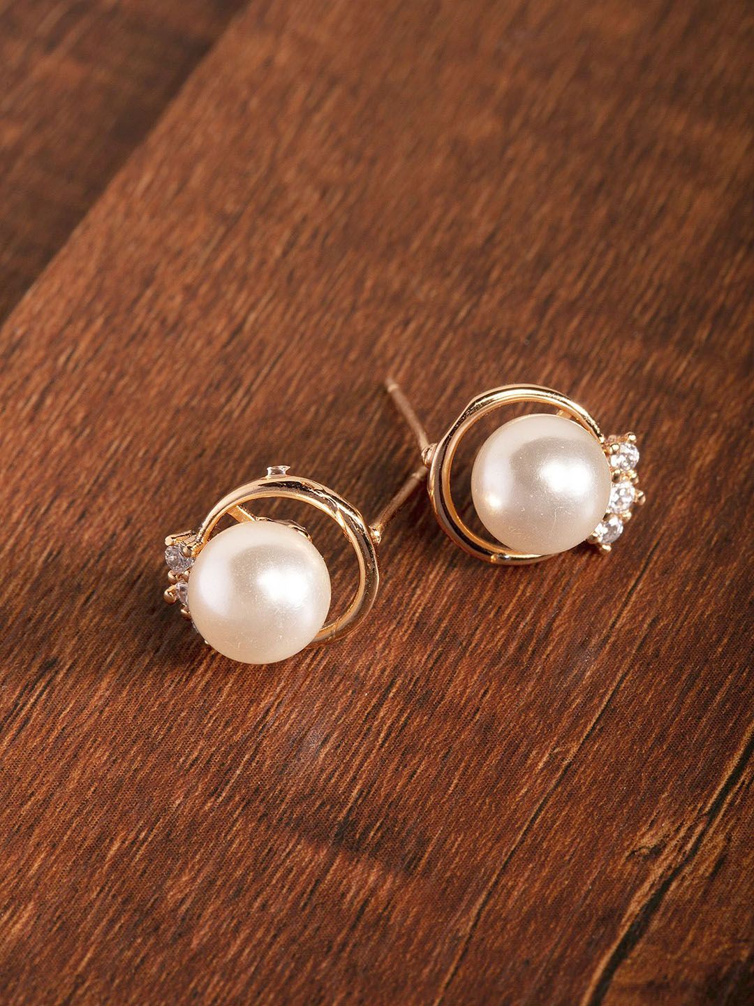 Zaveri Pearls Off-White Gold-Plated Beaded Spherical CZ Studs Price in India