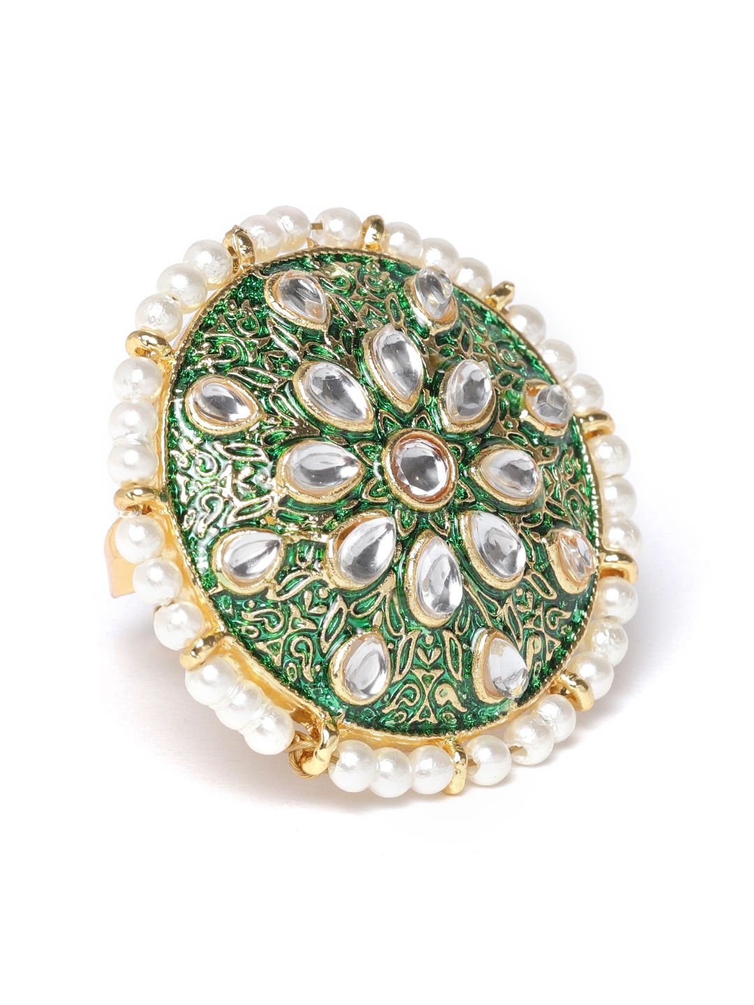 Zaveri Pearls Green Gold-Plated Kundan-Studded Beaded & Enamelled Adjustable Finger Ring Price in India