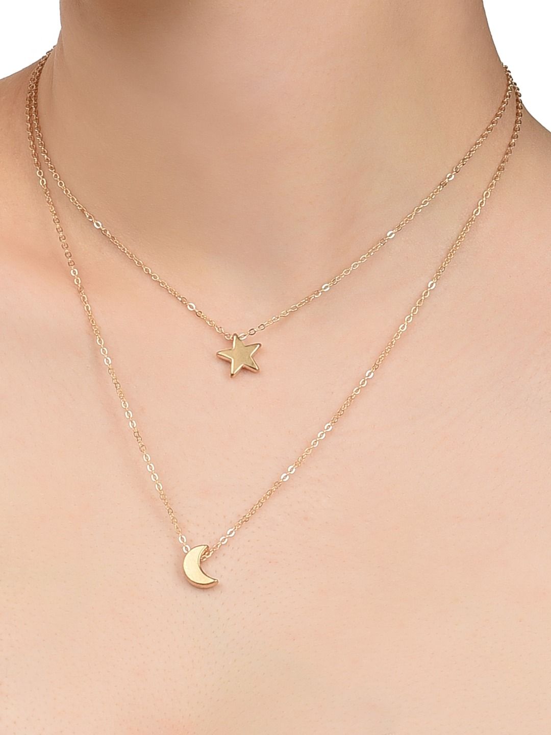 Zaveri Pearls Rose Gold-Plated Moon & Star Shaped Layered Necklace Price in India