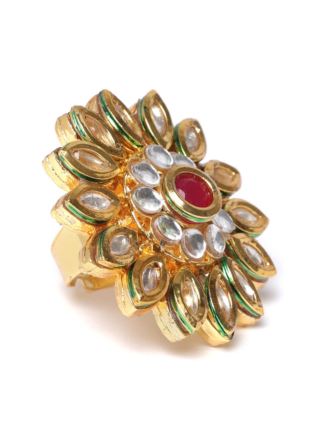 Zaveri Pearls Women Maroon Gold-Plated Kundan-Studded Floral Shaped Adjustable Finger Ring Price in India