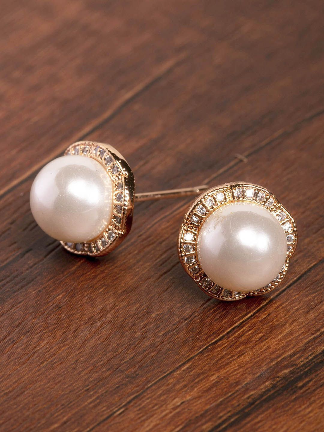 Zaveri Pearls White Gold-Plated Beaded Spherical CZ-Studs Price in India