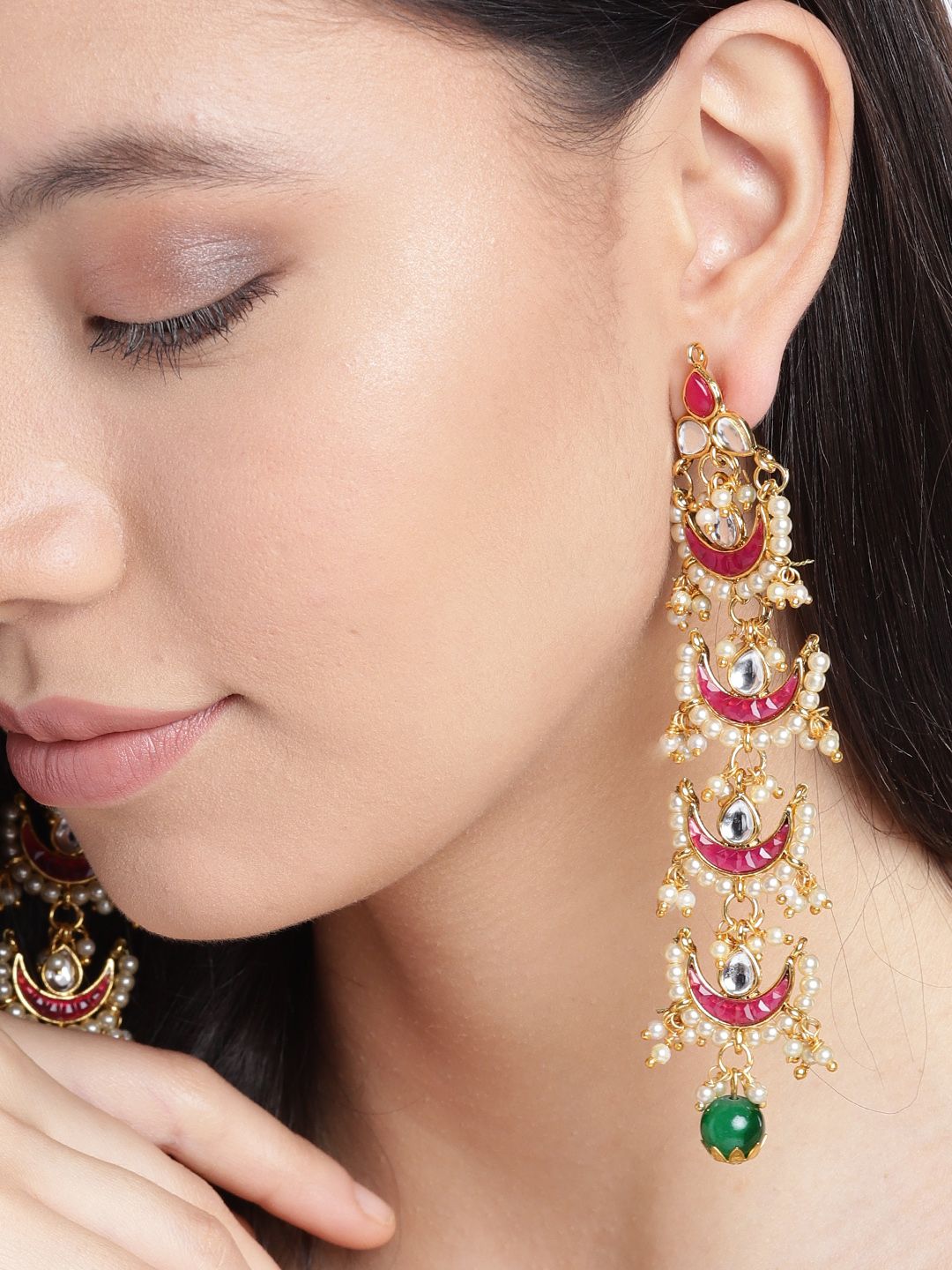 Zaveri Pearls Red Gold-Plated Stone-Studded Enamelled Crescent-Shaped Drop Earrings Price in India