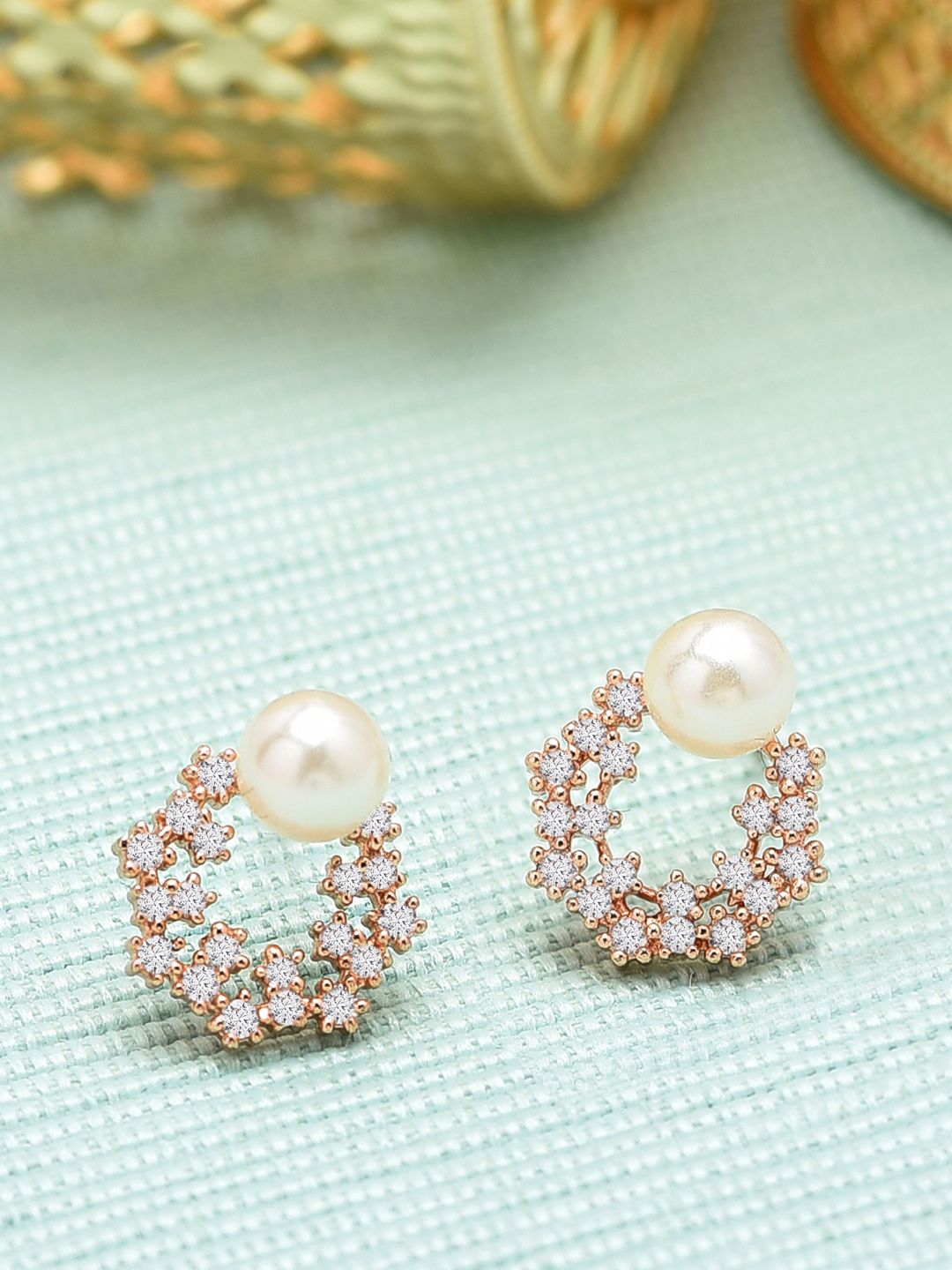 Zaveri Pearls Off-White Gold-Plated CZ-Studded Beaded Circular Studs Price in India