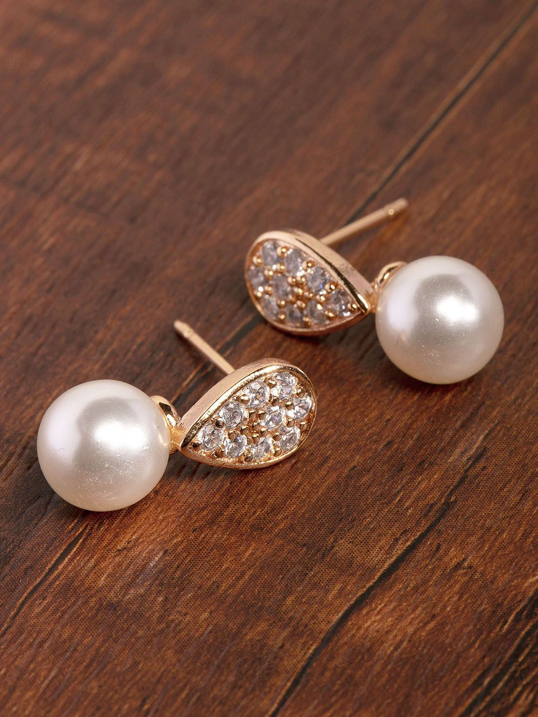 Zaveri Pearls Off-White Gold-Plated CZ-Studded Beaded Teardrop-Shaped Studs Price in India