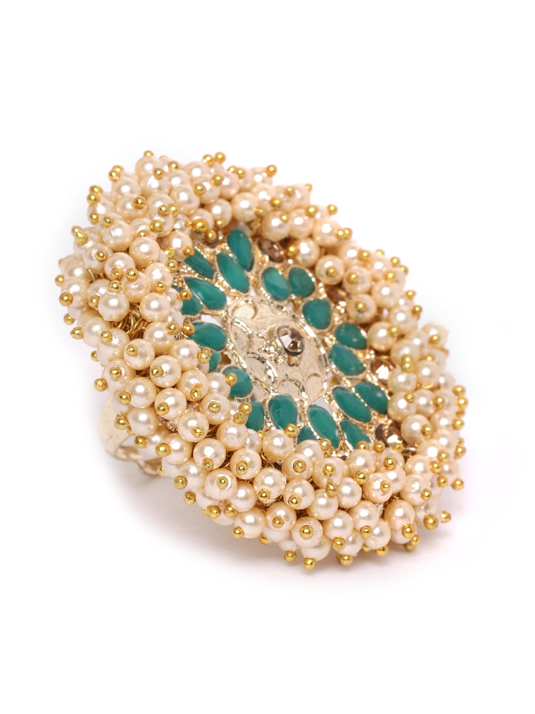 Zaveri Pearls Green Gold-Plated Stone-Studded & Beaded Adjustable Finger Ring Price in India