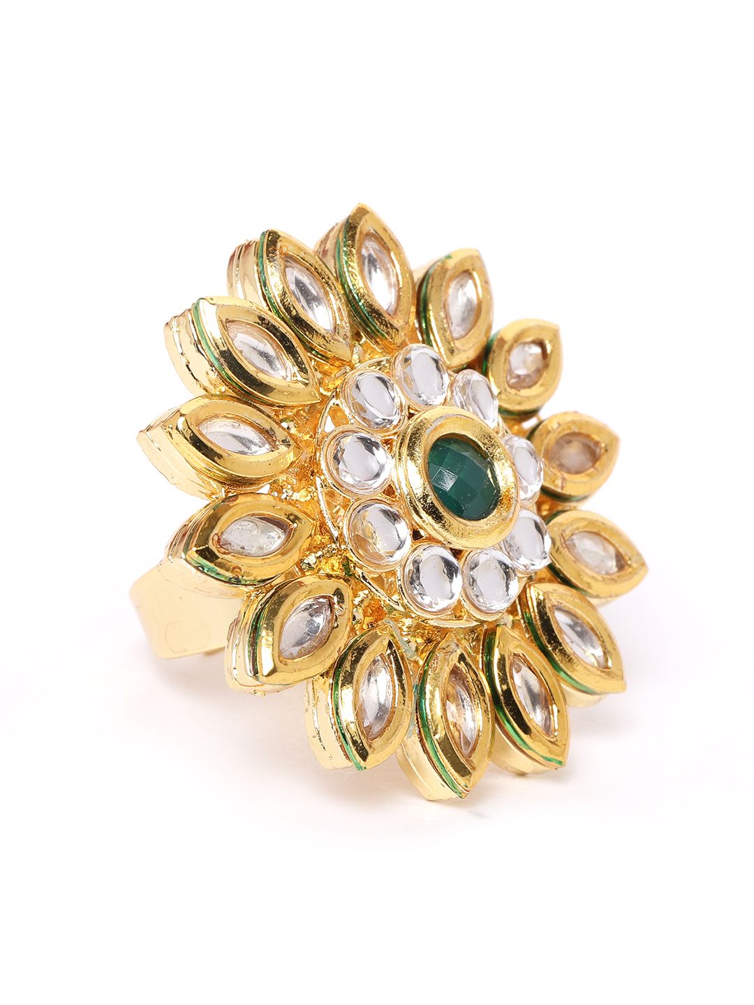 Zaveri Pearls Green Gold-Plated Kundan-Studded Floral-Shaped Adjustable Finger Ring Price in India