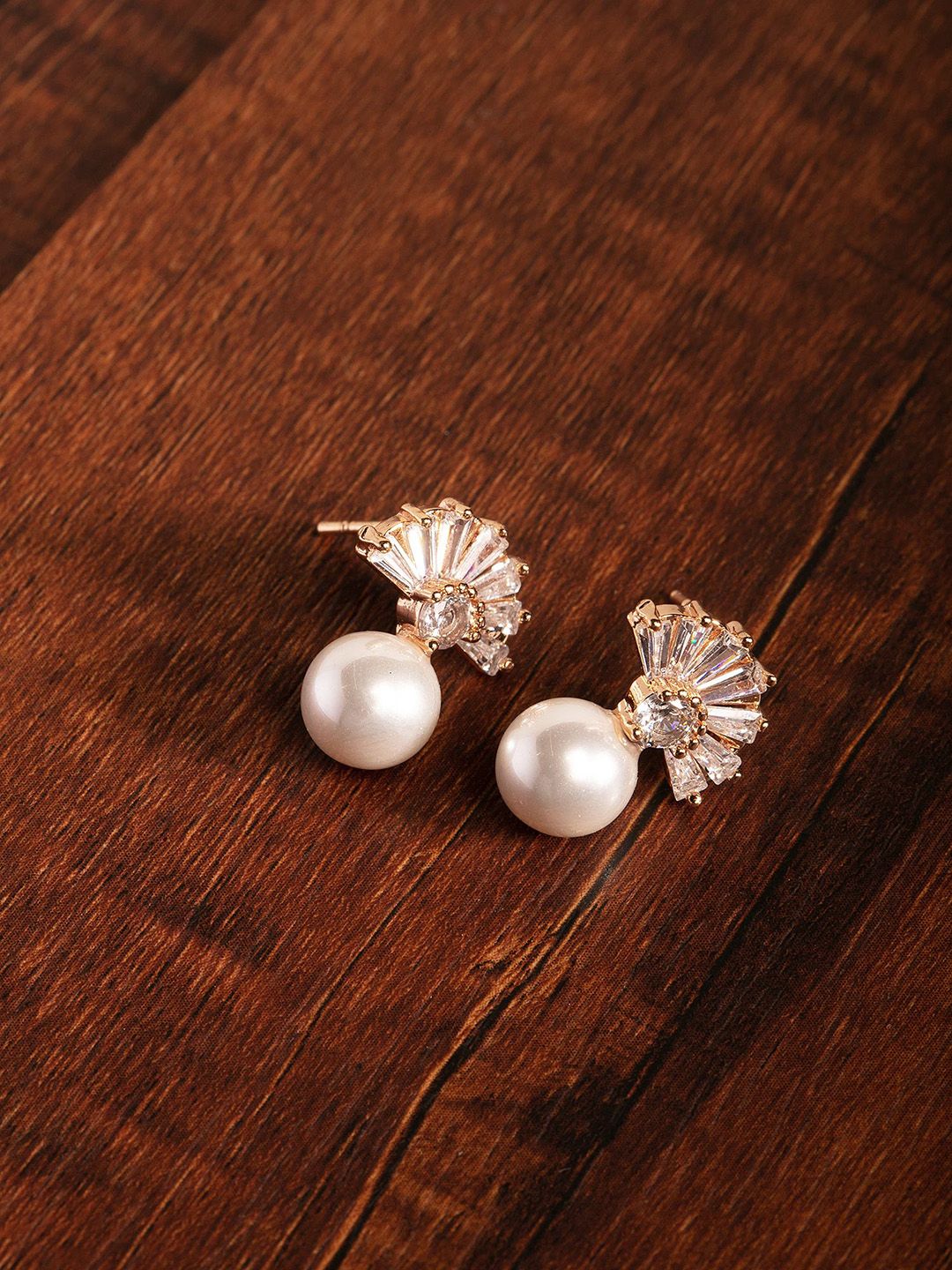 Zaveri Pearls White Rose Gold-Plated Beaded Spherical CZ-Studs Price in India