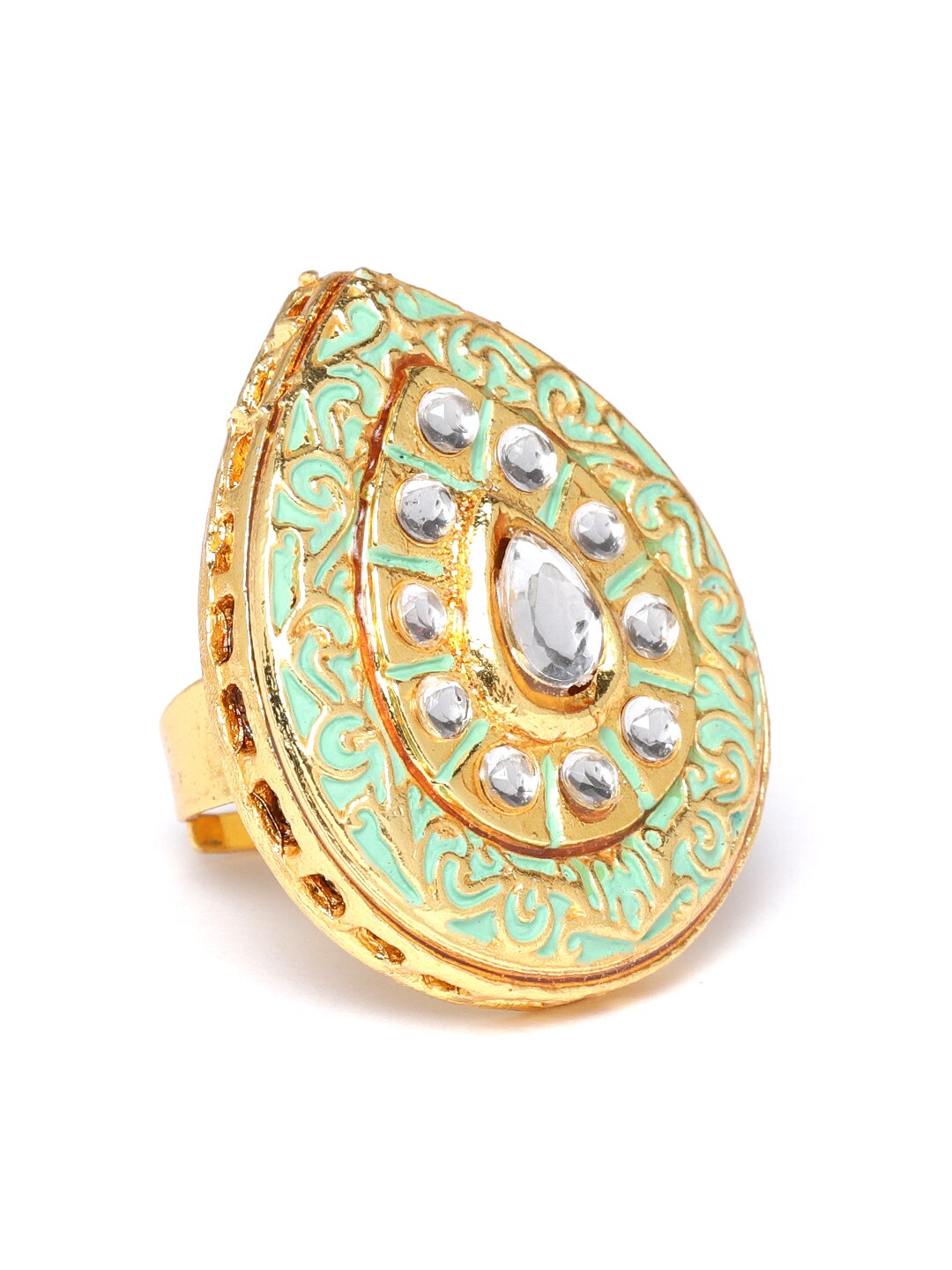 Zaveri Pearls Women Sea Green Gold-Plated Enamelled Kundan-Studded Adjustable Finger Ring Price in India