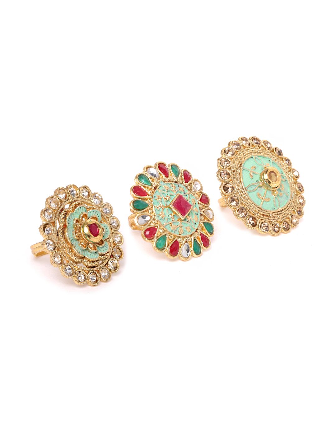 Zaveri Pearls Women Set of 3 Sea Green Gold-Plated Stone-Studded Adjustable Finger Rings Price in India