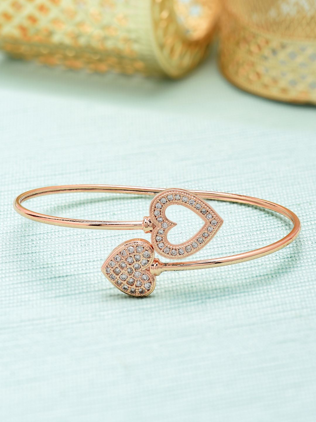 Zaveri Pearls Rose Gold-Plated CZ-Studded Heart-Shaped Bangle-Style Bracelet Price in India