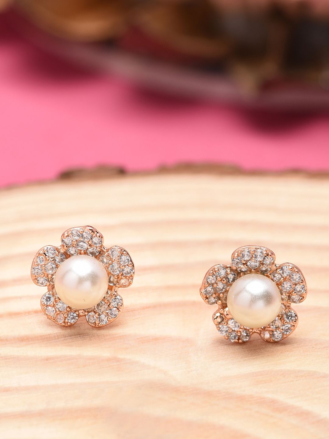 Zaveri Pearls White Gold-Plated Beaded Floral CZ Studs Price in India