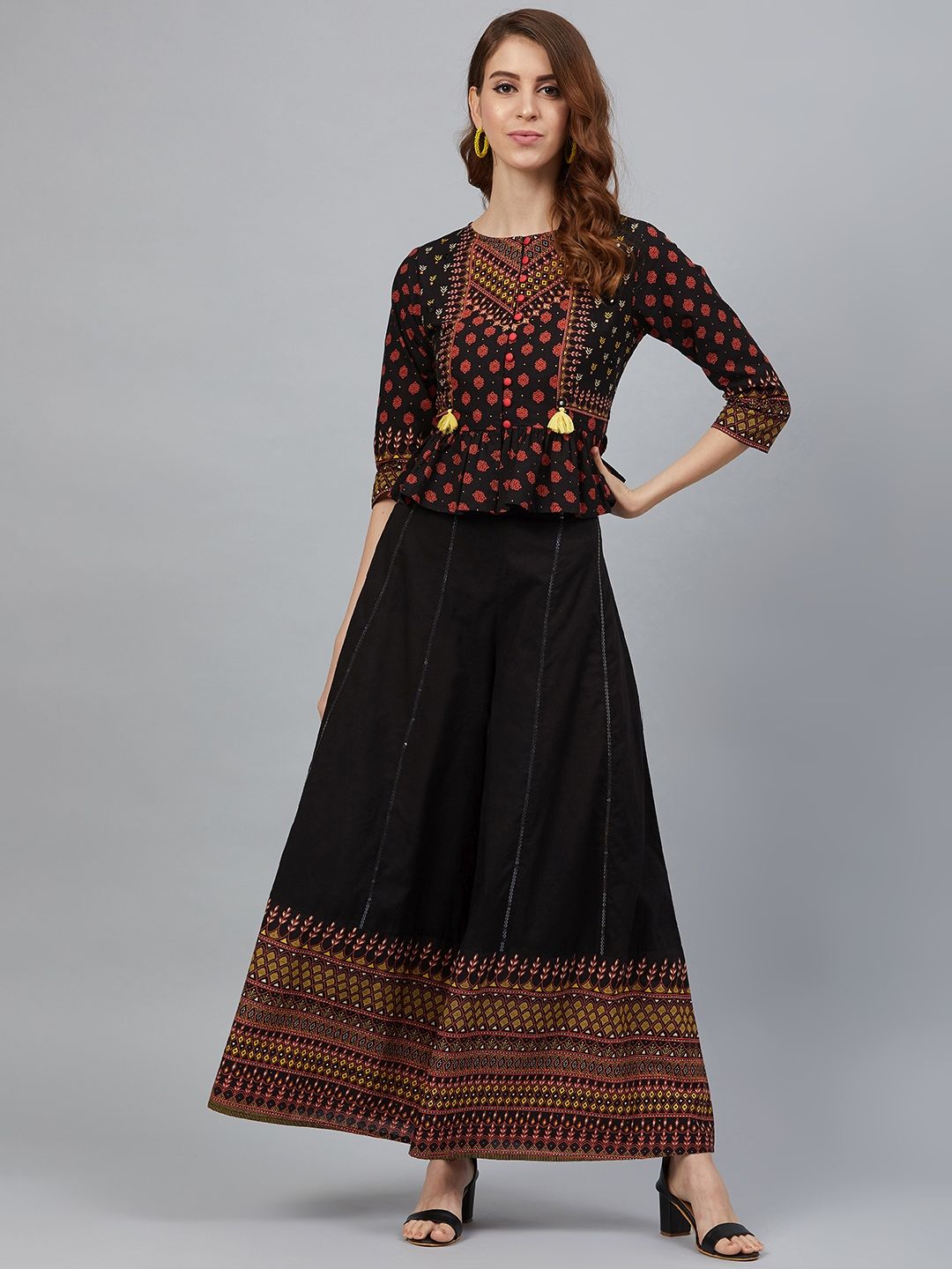 Juniper Women Black & Red Cambric Printed Top with Palazzos Price in India