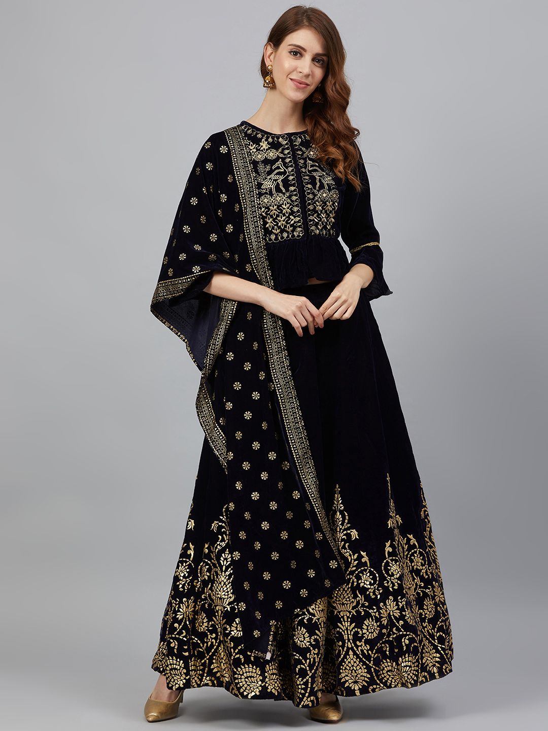 Juniper Navy Blue & Golden Zari Embroidered Ready to Wear Lehenga & Blouse with Dupatta Price in India