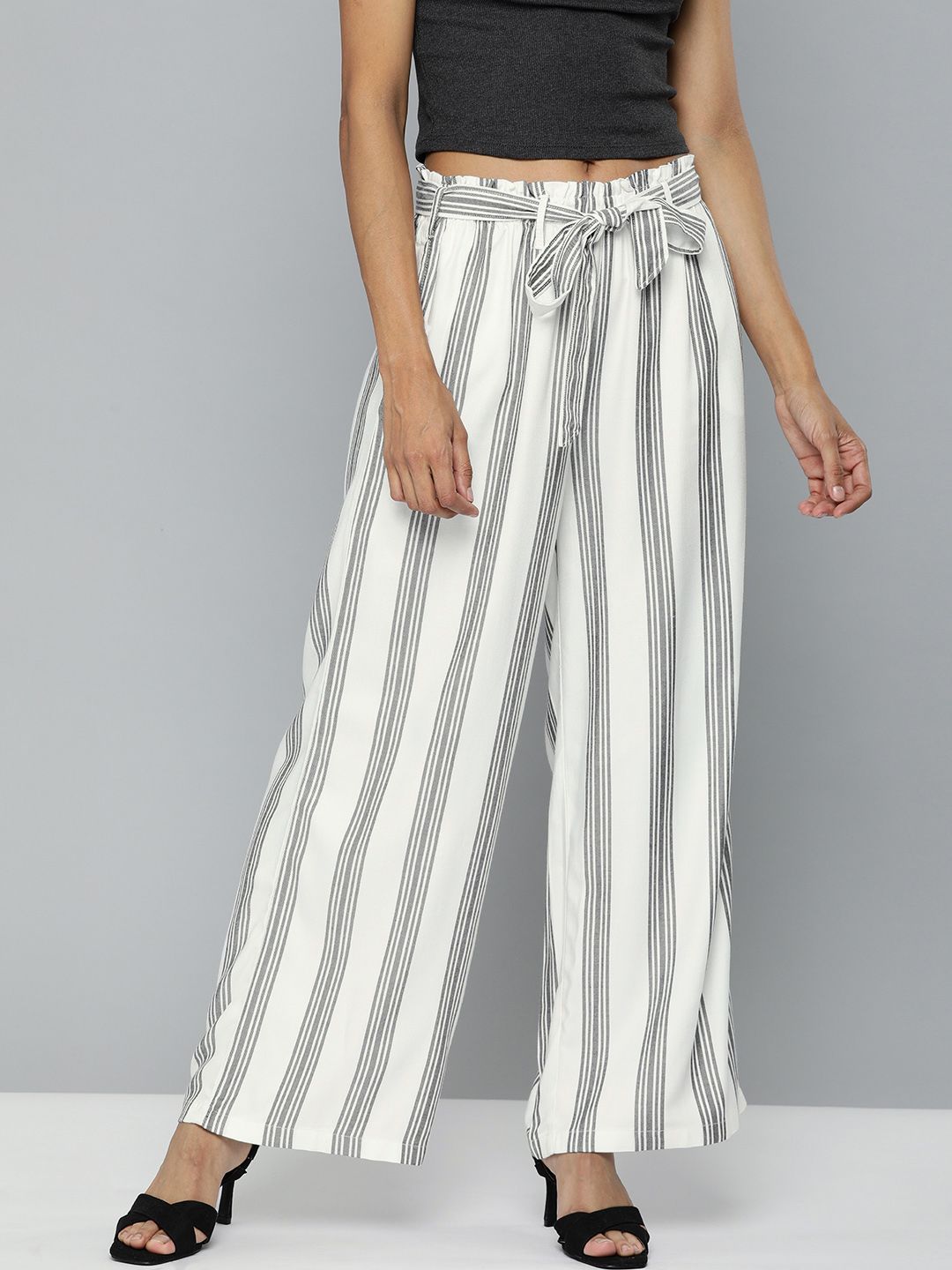 HERE&NOW Women White & Black Regular Fit Striped Regular Trousers