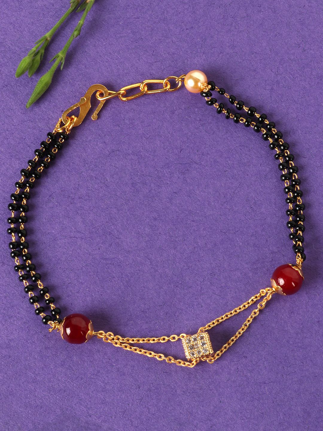 JEWELS GEHNA Black & Red Gold-Plated AD-Studded & Beaded Mangalsutra Bracelet Price in India