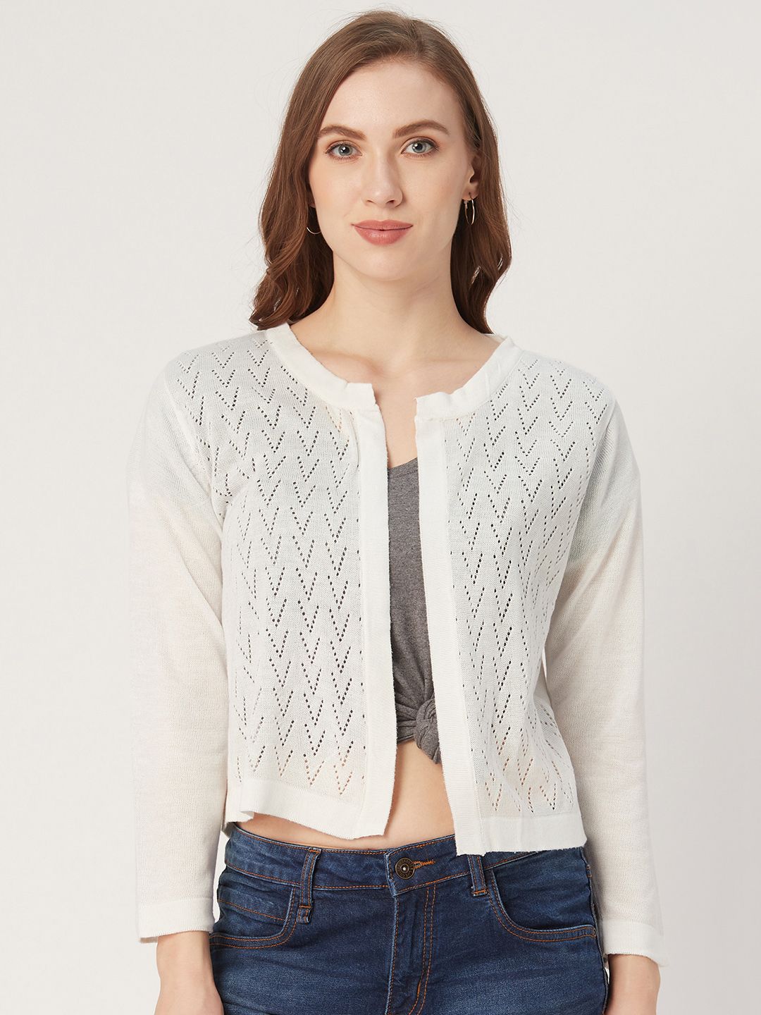 Style Quotient Women Off-White Self Design Open Front Shrug Price in India