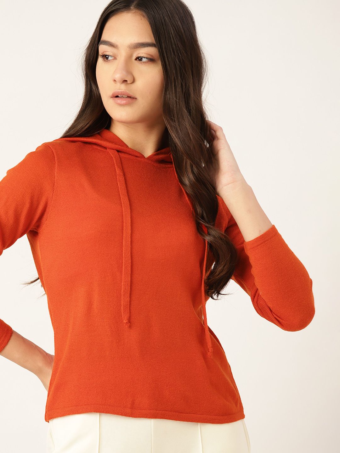 DressBerry Women Rust Orange Solid Hooded Pullover Price in India