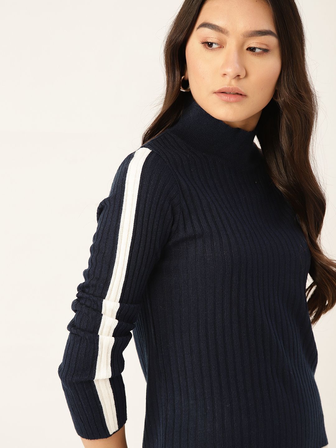 DressBerry Women Navy Blue Self-Striped Pullover Sweater Price in India
