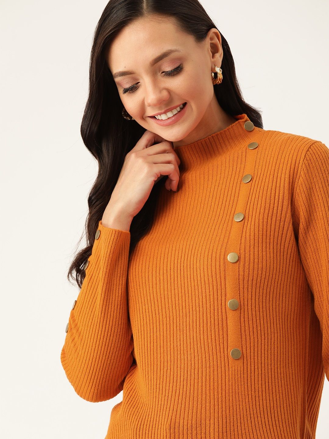 DressBerry Women Orange Ribbed Pullover Sweater Price in India