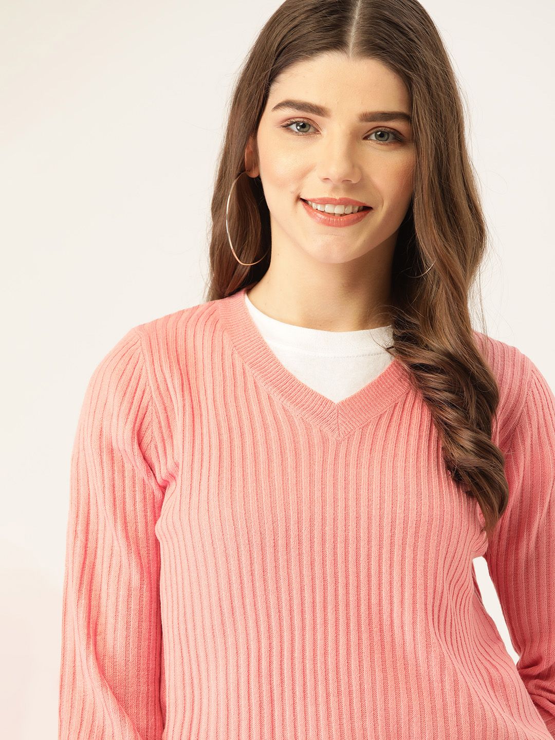 DressBerry Women Peach-Coloured Self-Striped Pullover Sweater Price in India