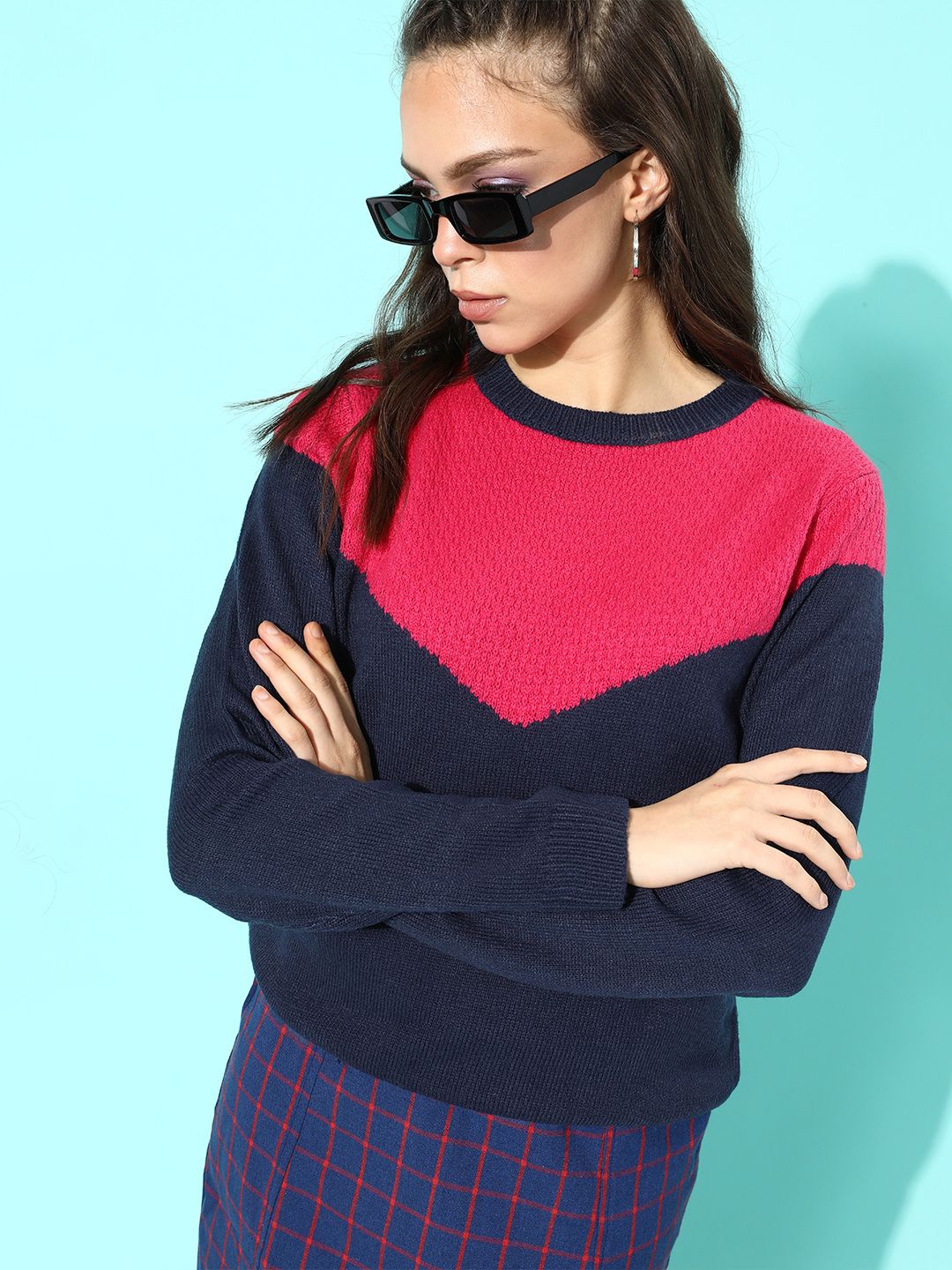 DressBerry Women Deep Navy Blue Colourblocked Knitted Sweater Price in India