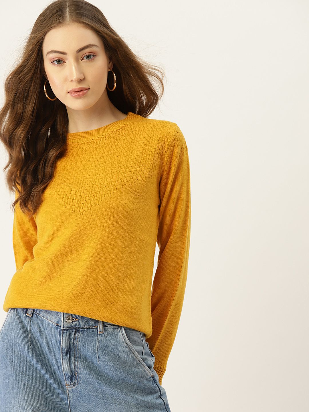DressBerry Women Mustard Yellow Self Design Acrylic Pullover Sweater Price in India