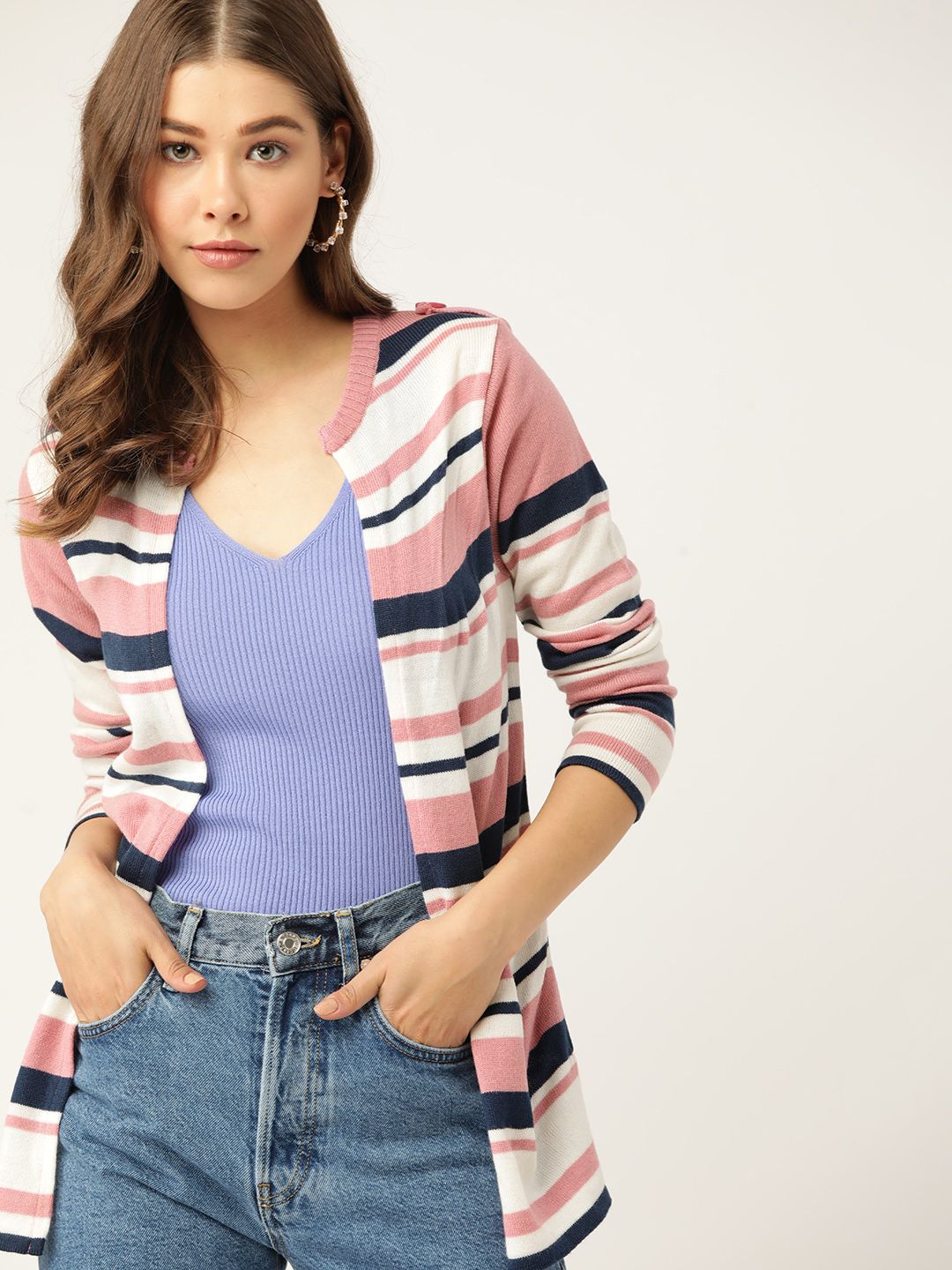 DressBerry Women Pink & White Striped Front-Open Price in India