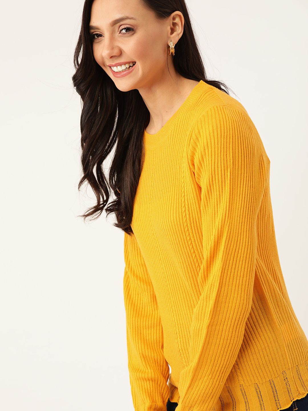 DressBerry Women Mustard Yellow Ribbed Acrylic Pullover Price in India