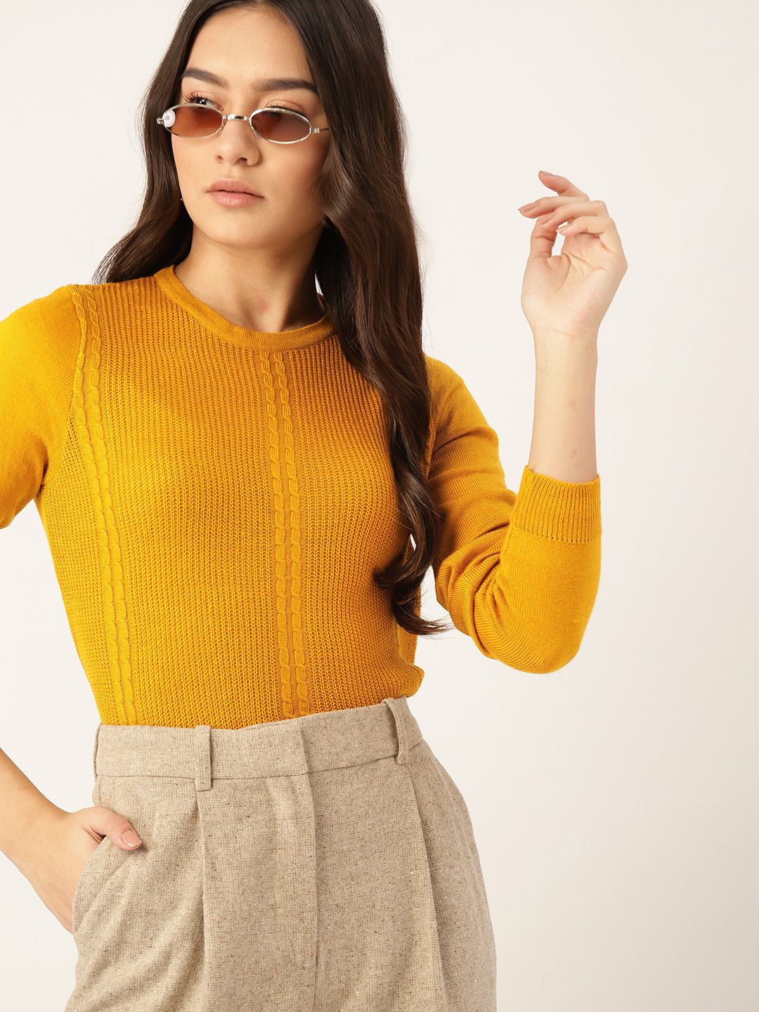 DressBerry Women Mustard Yellow Cable Knit Pullover Price in India