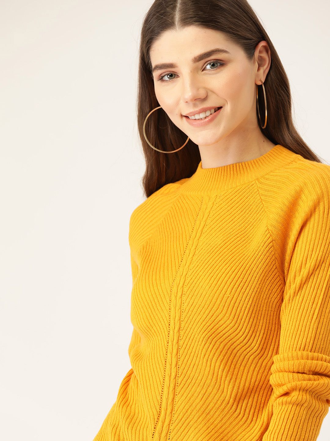 DressBerry Women Mustard Yellow Ribbed Pullover Sweater Price in India