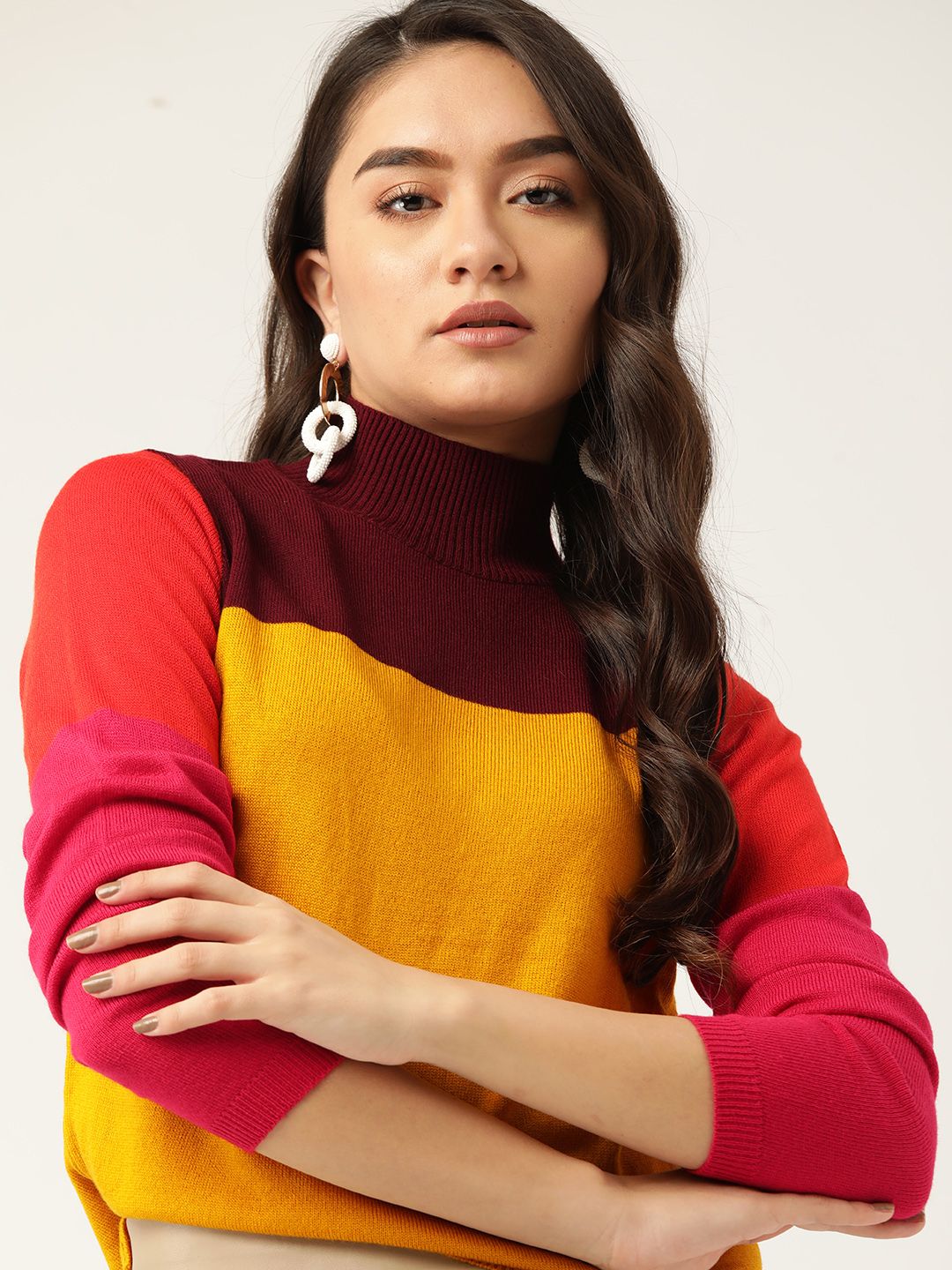 DressBerry Women Mustard Yellow & Maroon Colourblocked Pullover Price in India