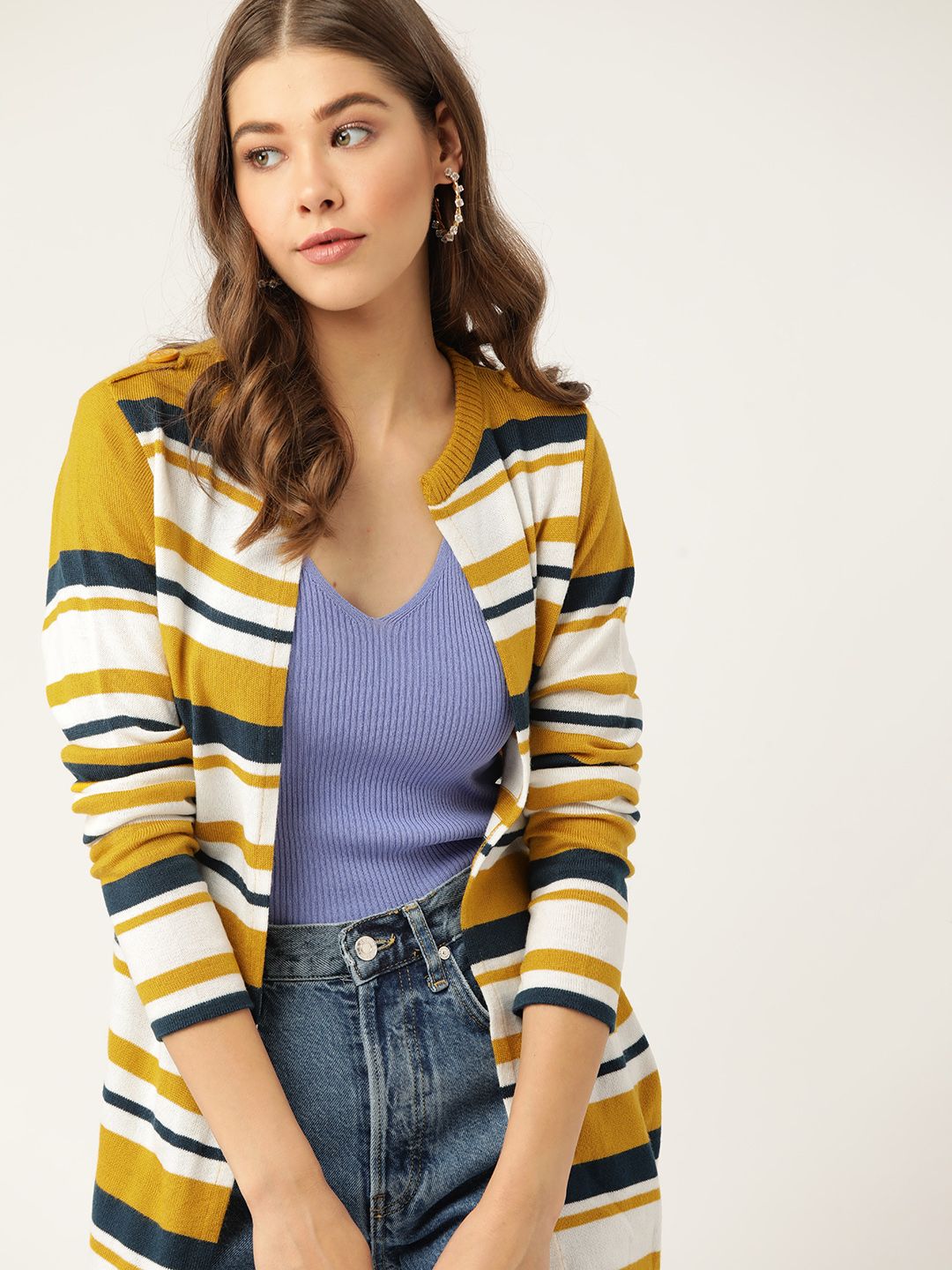DressBerry Women Mustard Yellow & Navy Blue Striped Front-Open Price in India
