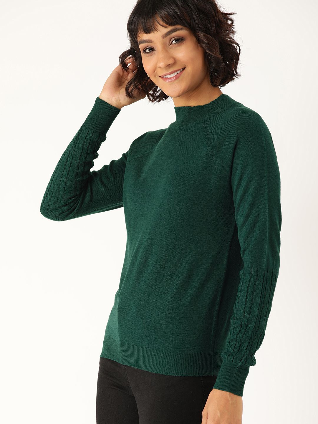 DressBerry Women Green Self Design Pullover Sweater Price in India