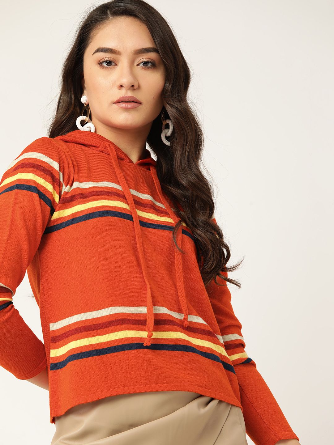 DressBerry Women Orange Striped Hooded Pullover Price in India