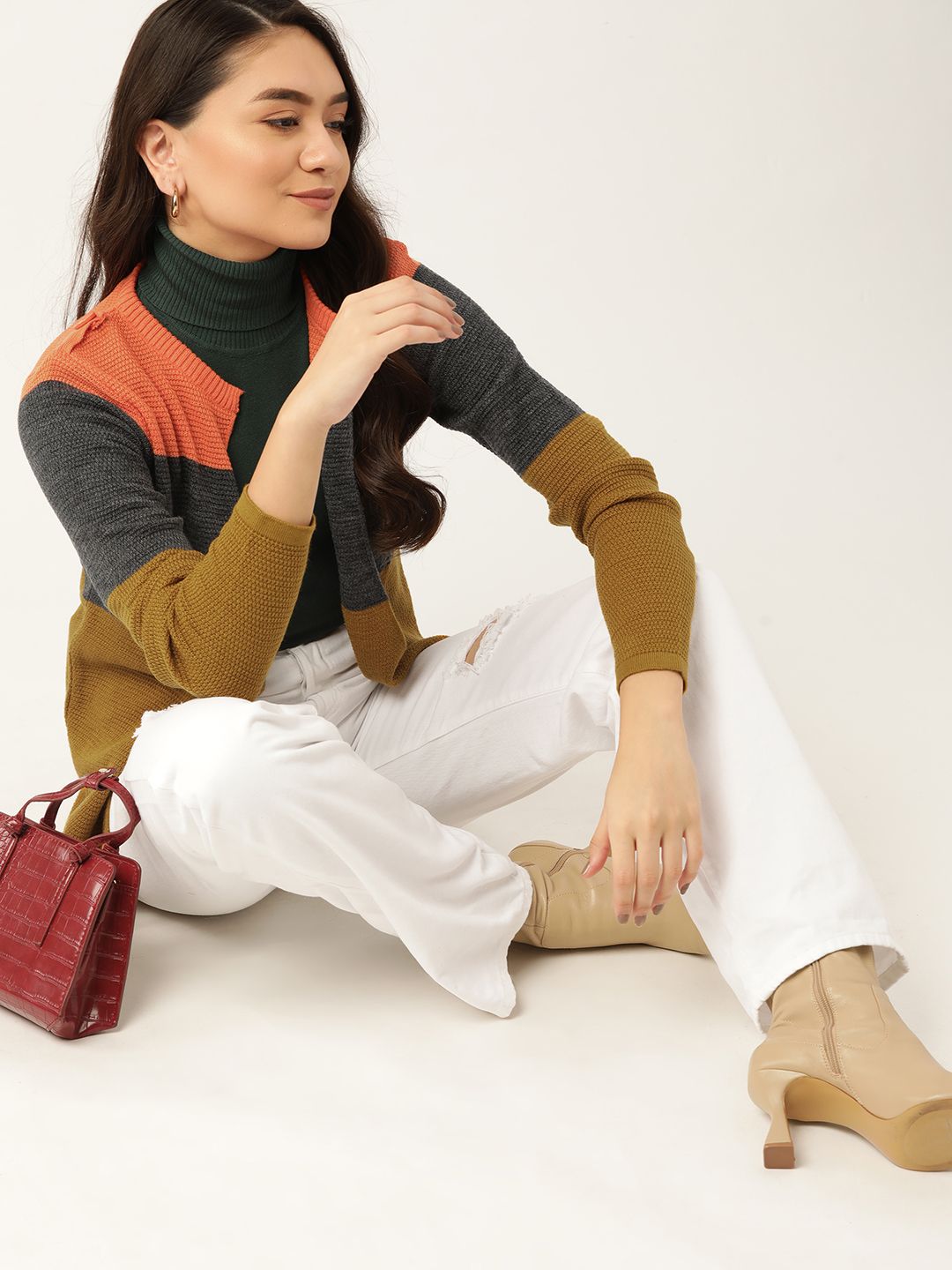 DressBerry Women Khaki & Charcoal Grey Colourblocked Front-Open Sweater Price in India