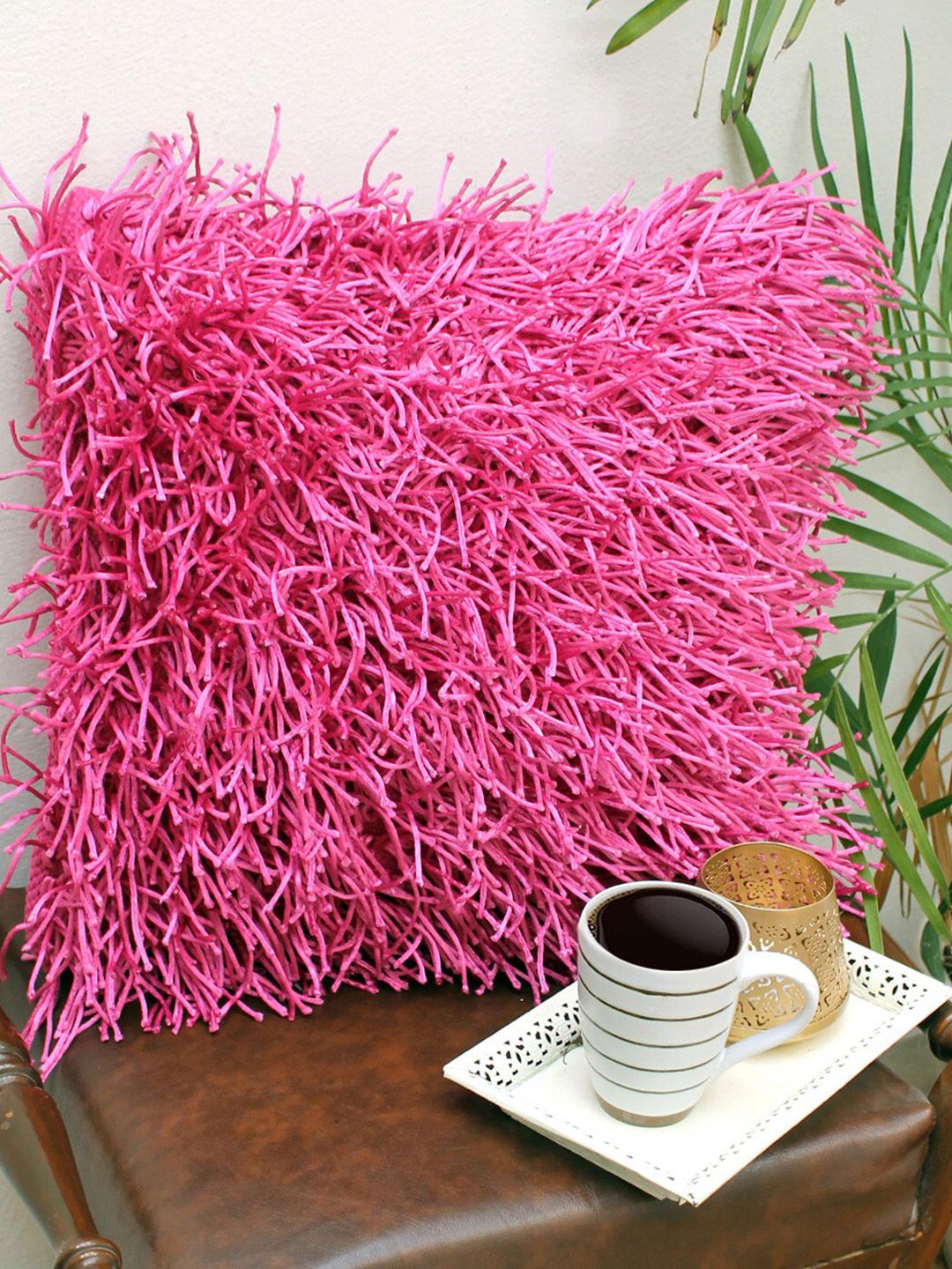 Avira Home Pink Single Solid Square Shaggy Cushion Cover Price in India