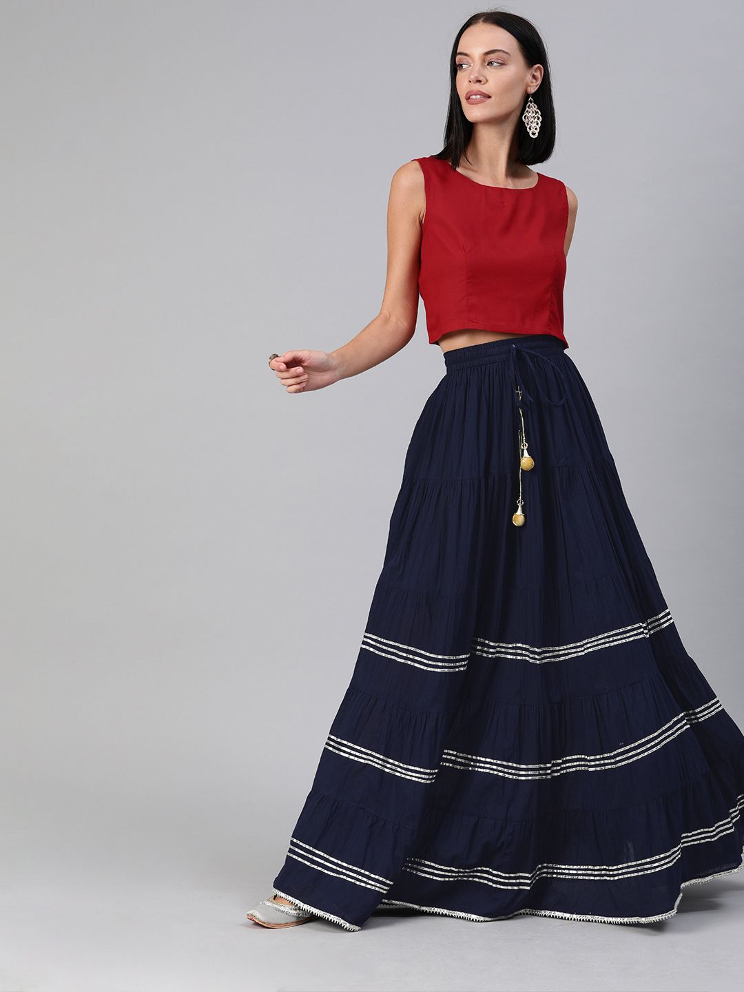 Geroo Jaipur Handcrafted Maroon Crop Sustainable Top & Navy Blue Pure Cotton Skirt Price in India