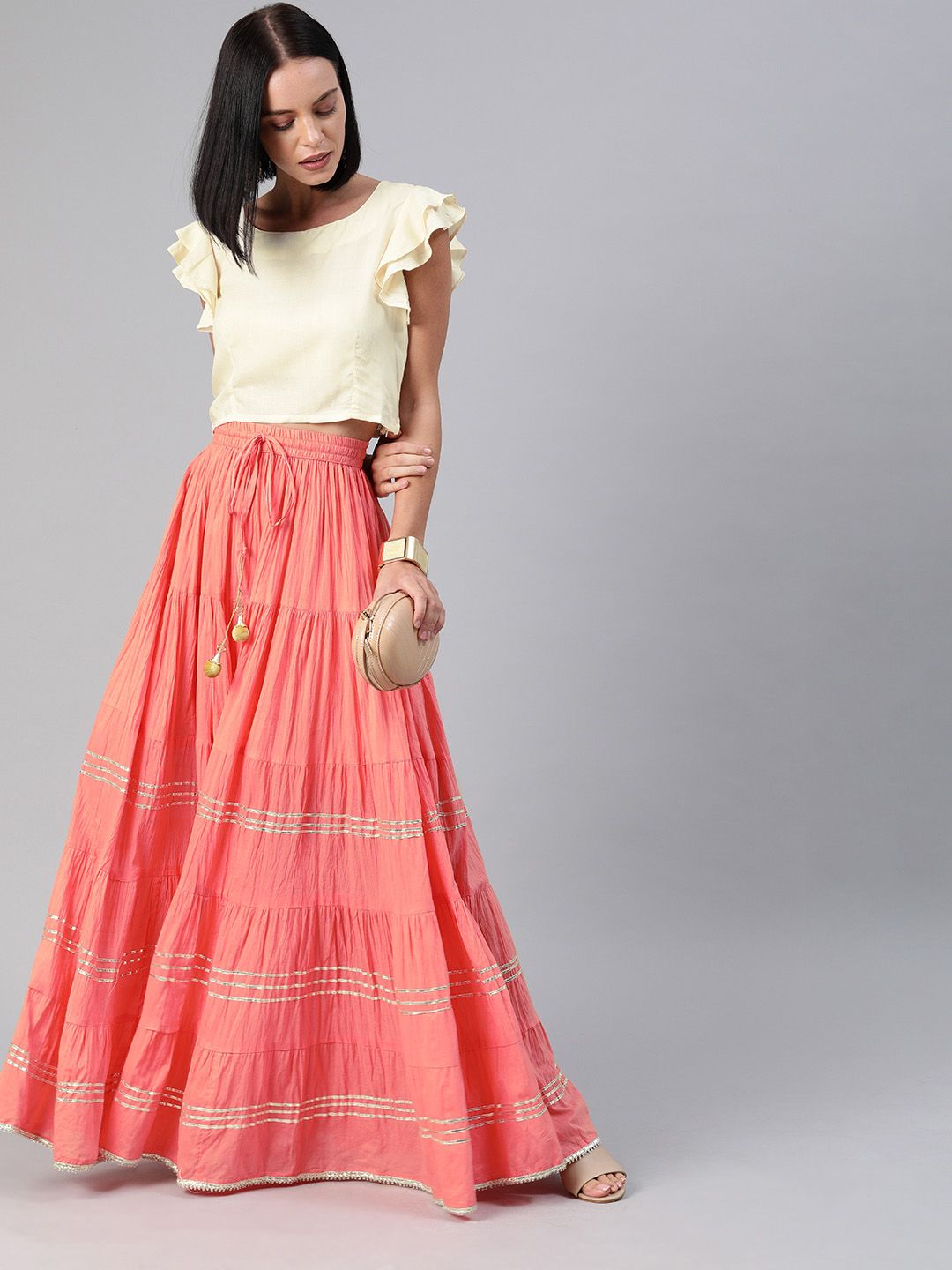 Geroo Jaipur Hand Crafted flared Peach Pure Cotton Skirt with White Crop Top Price in India