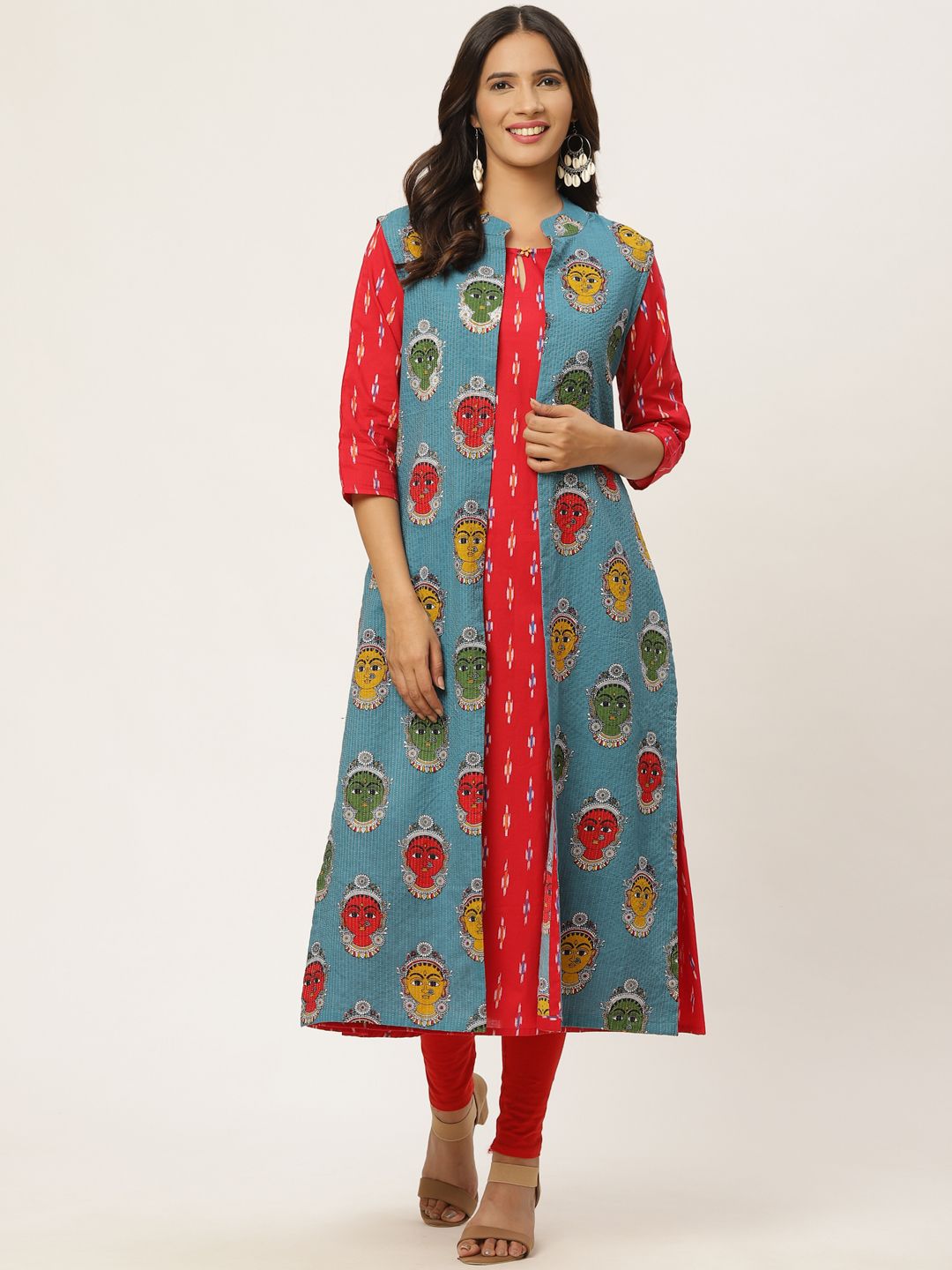 FABRIC FITOOR Women Red & Teal Blue Ikat Printed A-Line Layered Kurta Price in India