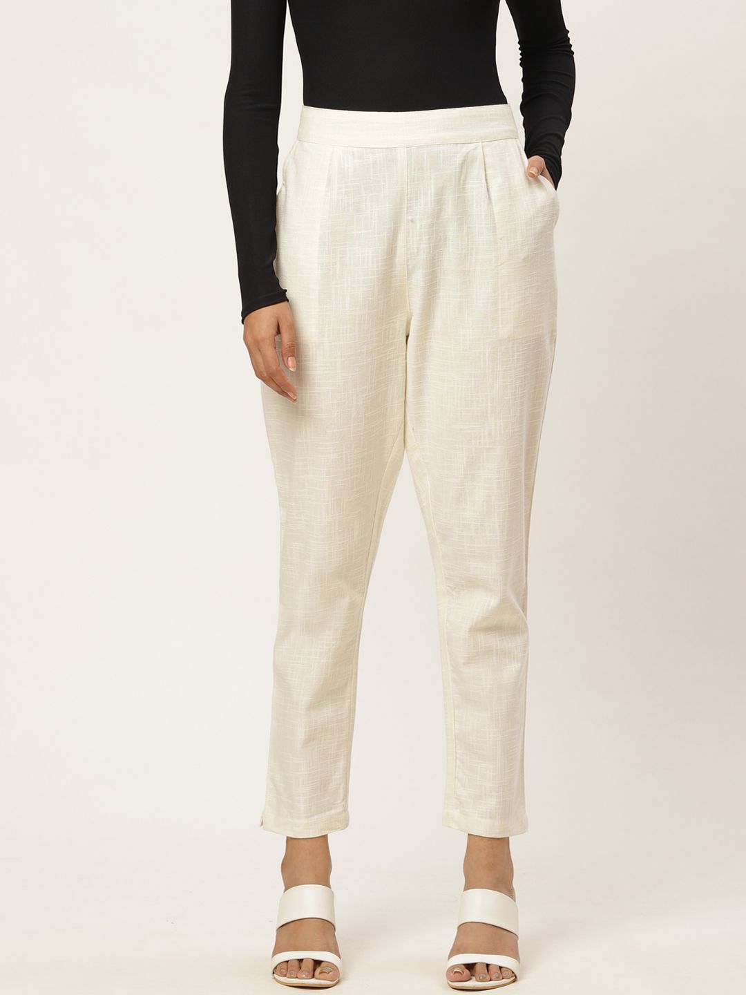 FABRIC FITOOR Women Off-White Relaxed Straight Leg Regular Fit Solid Trousers Price in India