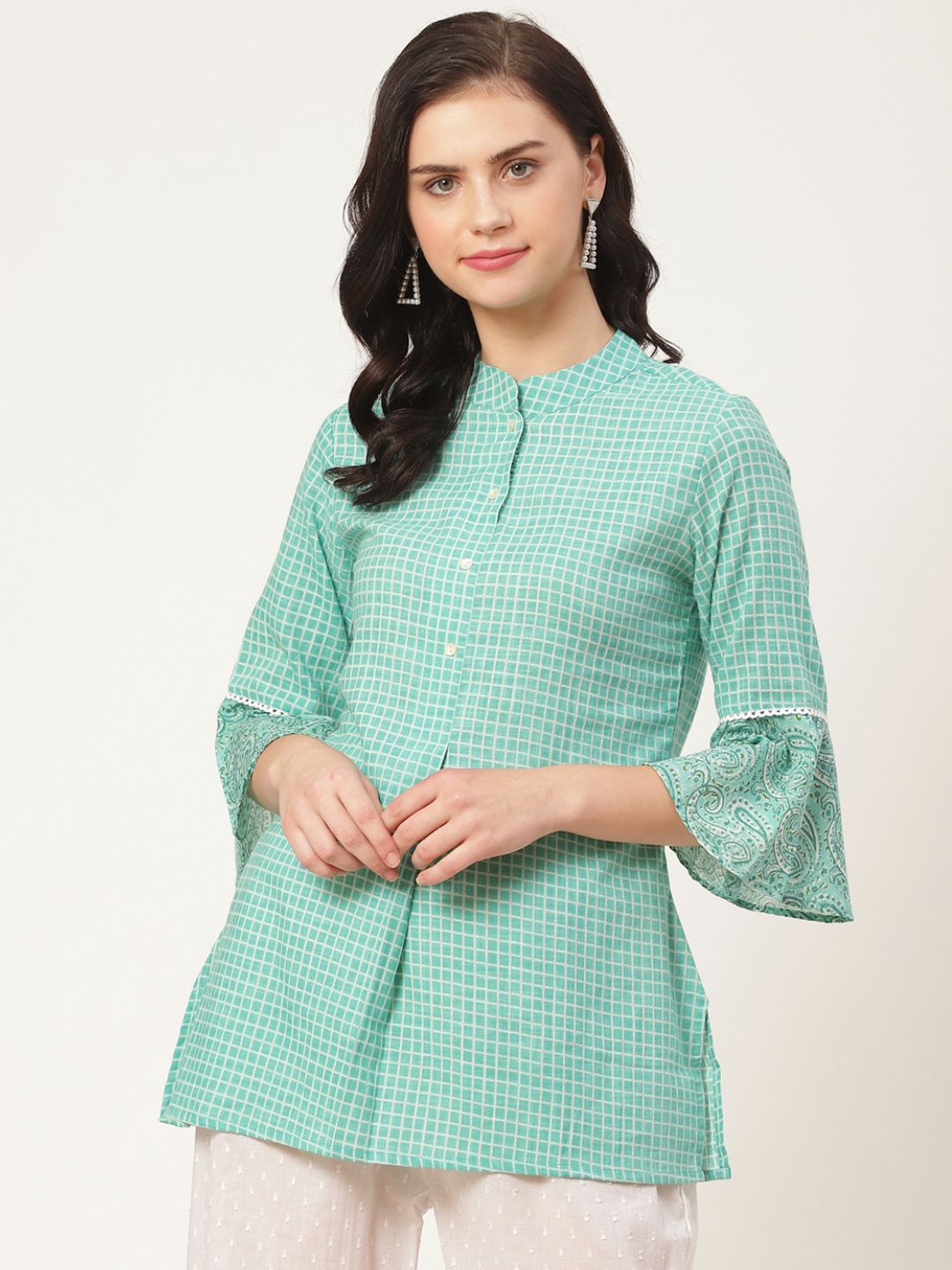 FABRIC FITOOR Women Sea Green & White Checked Shirt Style Top