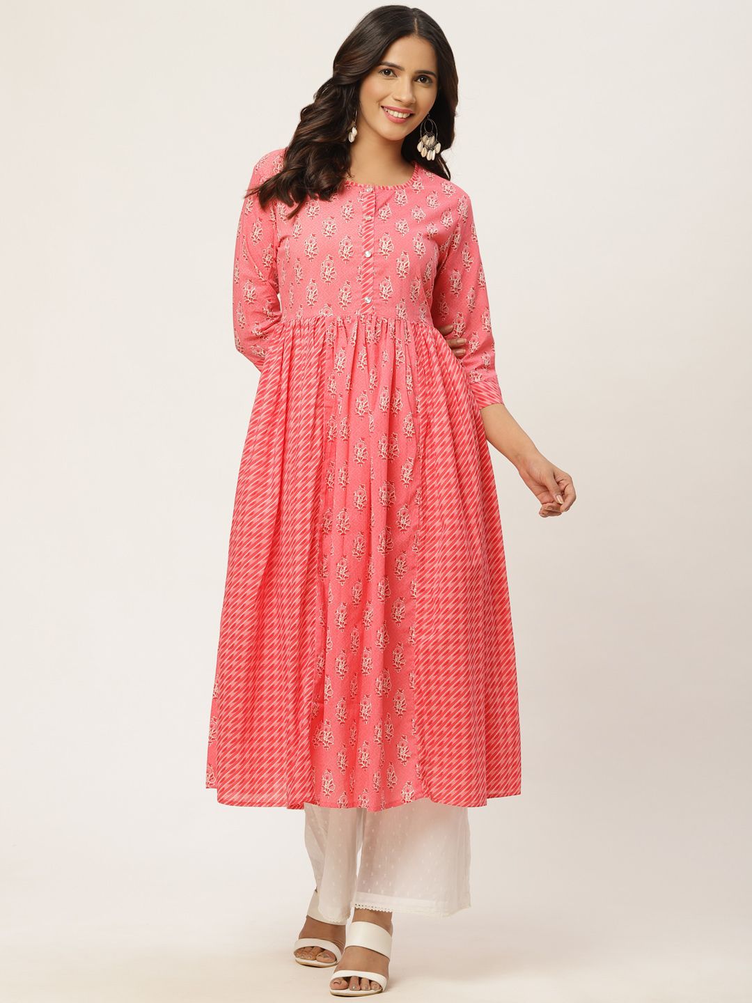 FABRIC FITOOR Women Pink & White Printed Anarkali Kurta Price in India