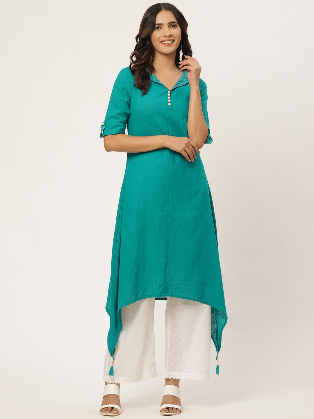 FABRIC FITOOR Women Sea Green A-Line Asymmetric Kurta Price in India