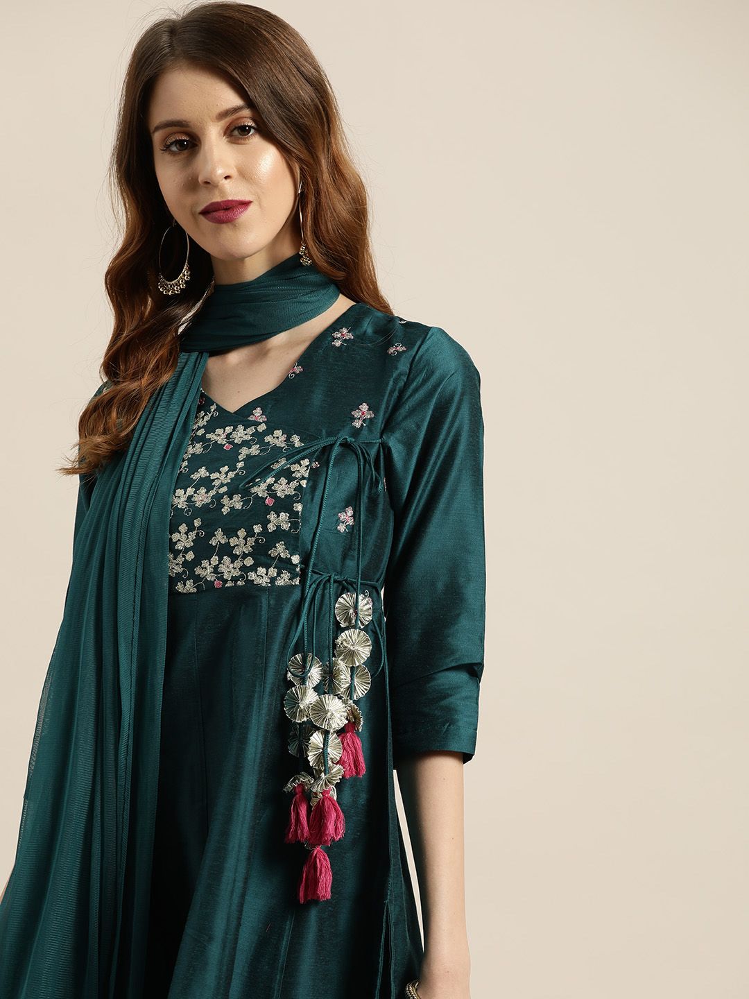 Sangria Women Teal Green & Golden Zari Embroidered Angrakha Kurta Palazzo Dupatta Set Price in India